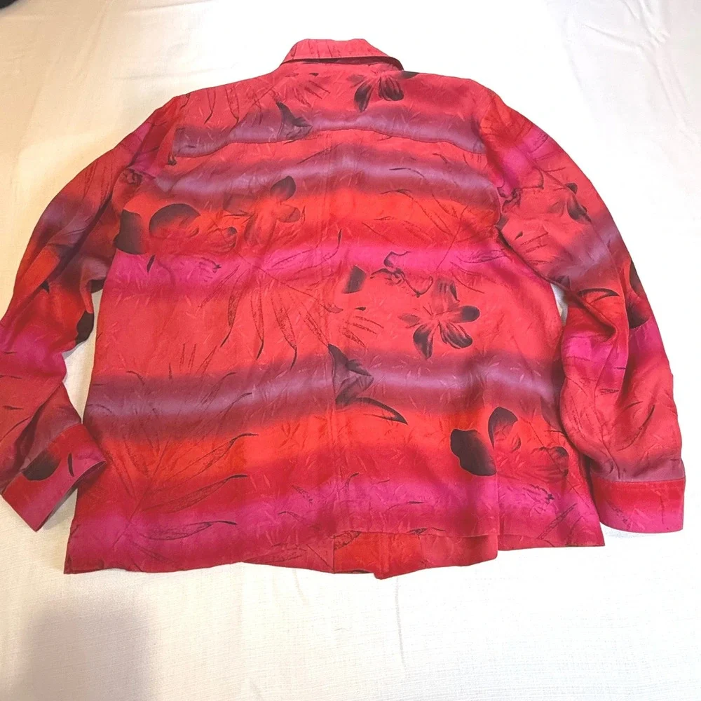 Chicos Design Silk Button Up Blouse Tropical Floral 100% Silk‎ Size 2